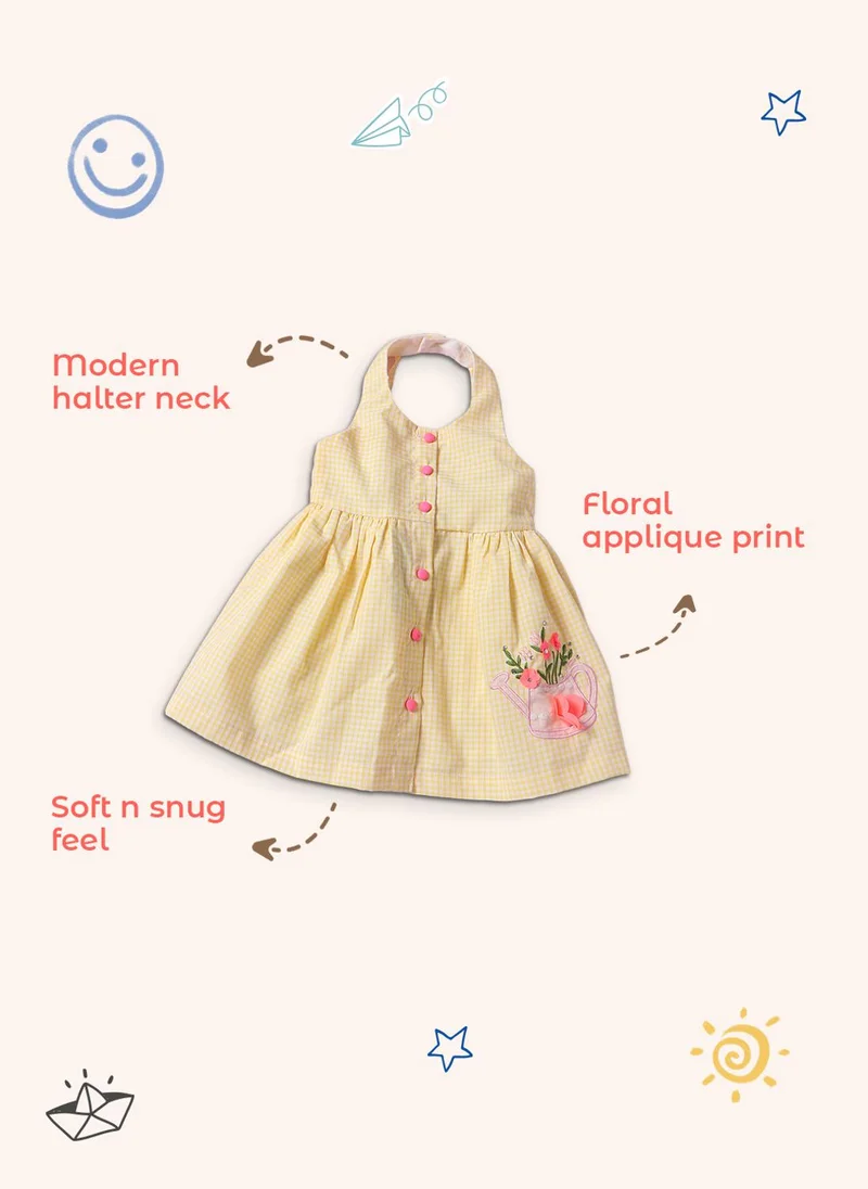Nautinati Girls' 100% Cotton Gingham Chequered Fit & Flare Dress with Watering Can Embroidery & Floral Applique